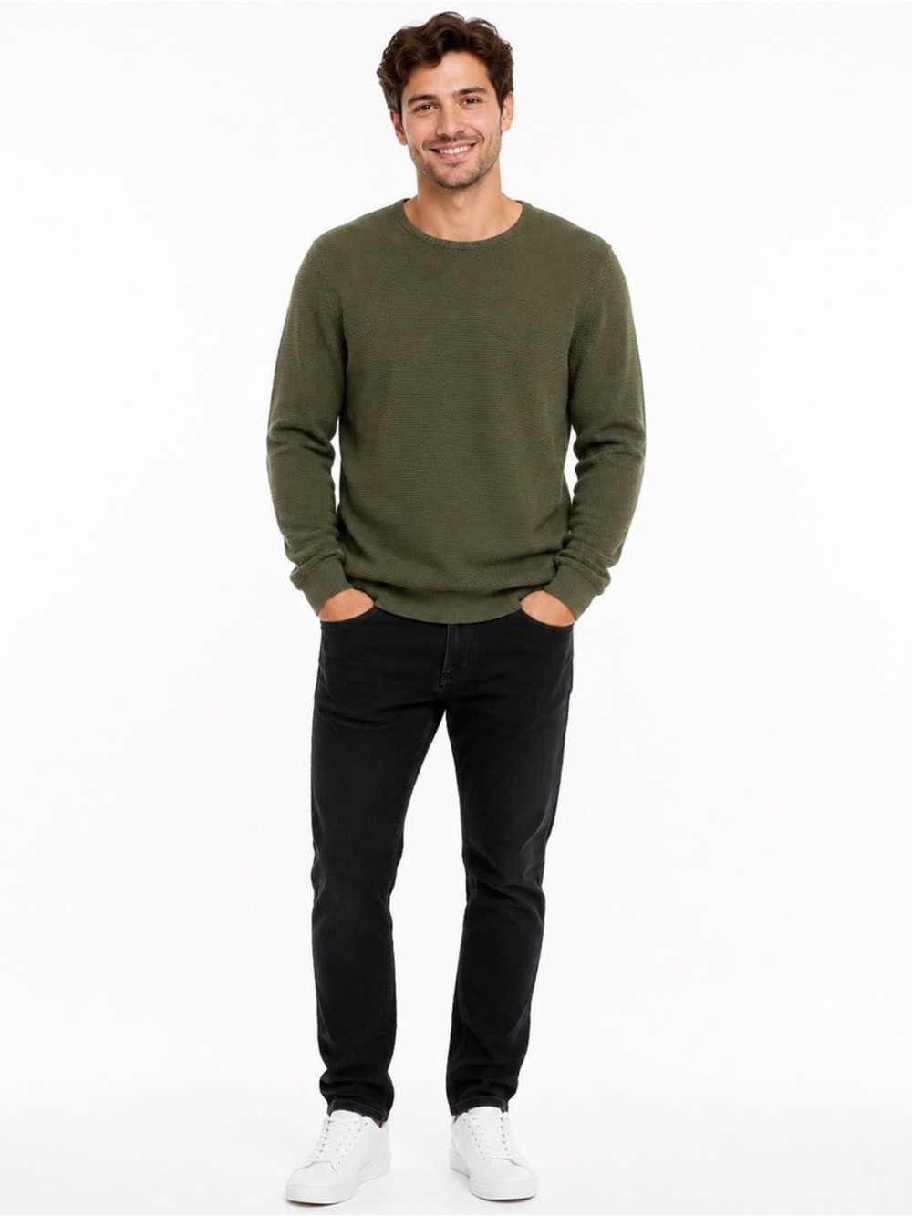 Zara Man Olive Green Textured Knit Crewneck Sweater Size Large